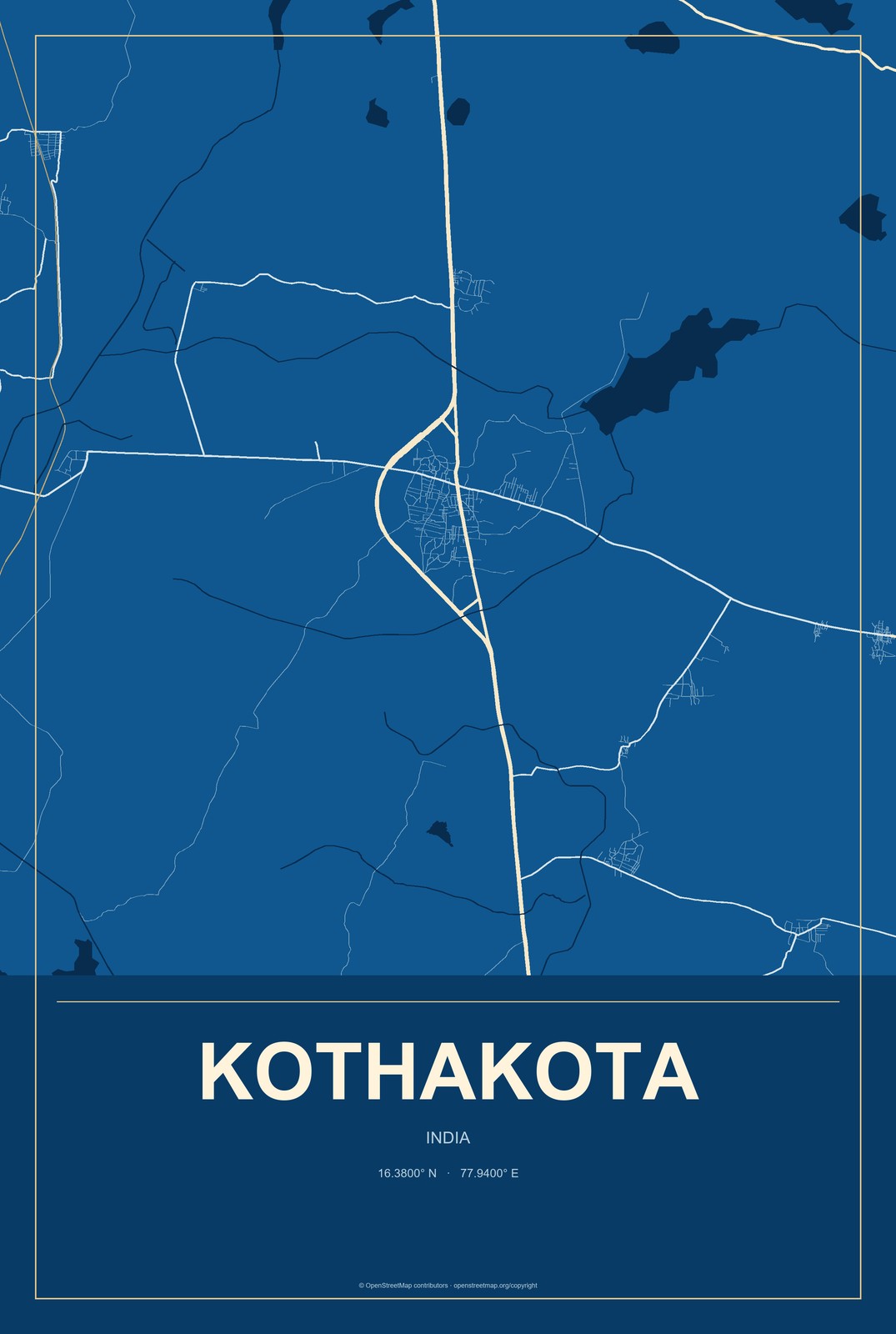 Kothakota, India City Map Aluminum Sign in Harbor Cobalt style