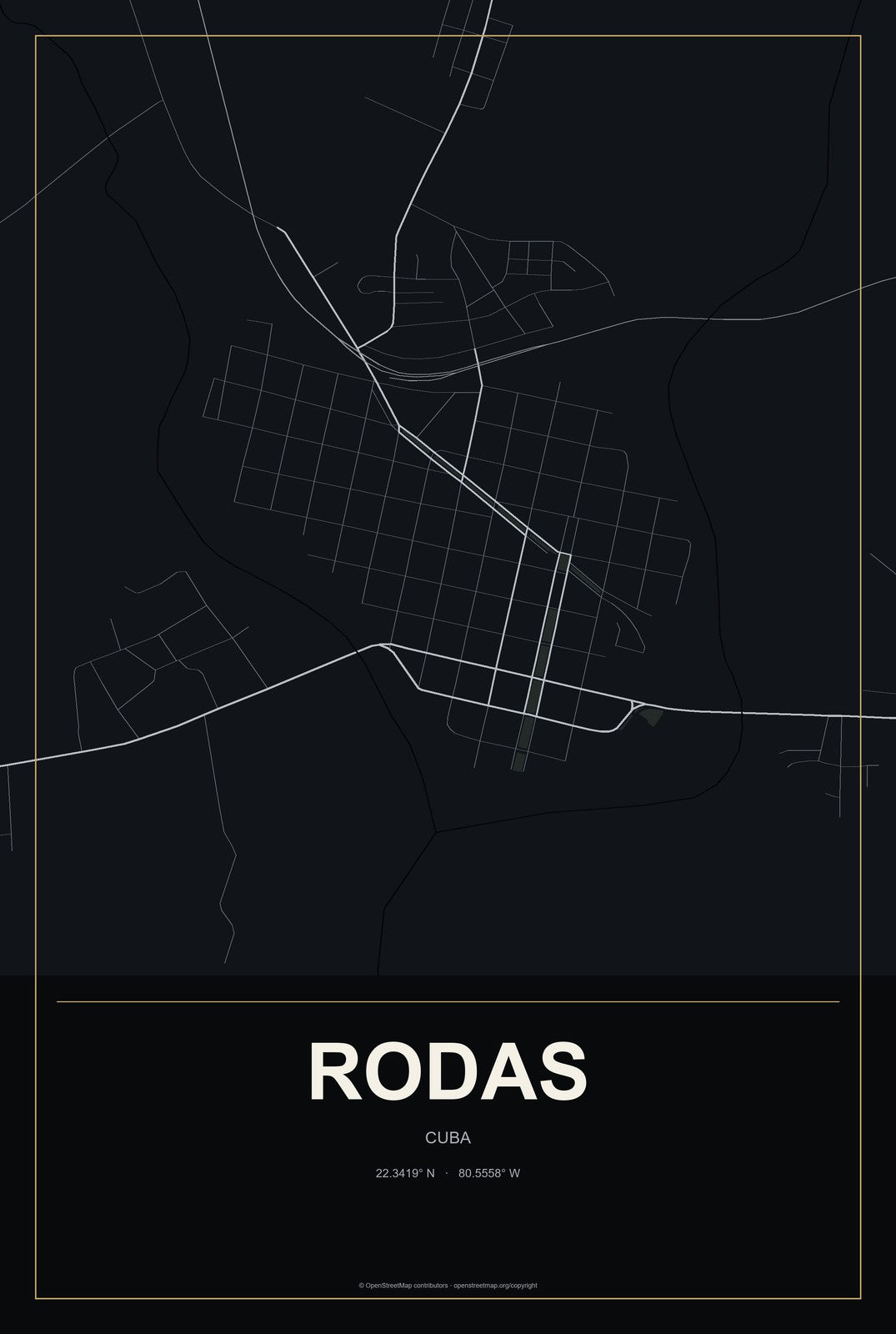 Rodas, Cuba City Map Aluminum Sign in Metropolitan Noir style