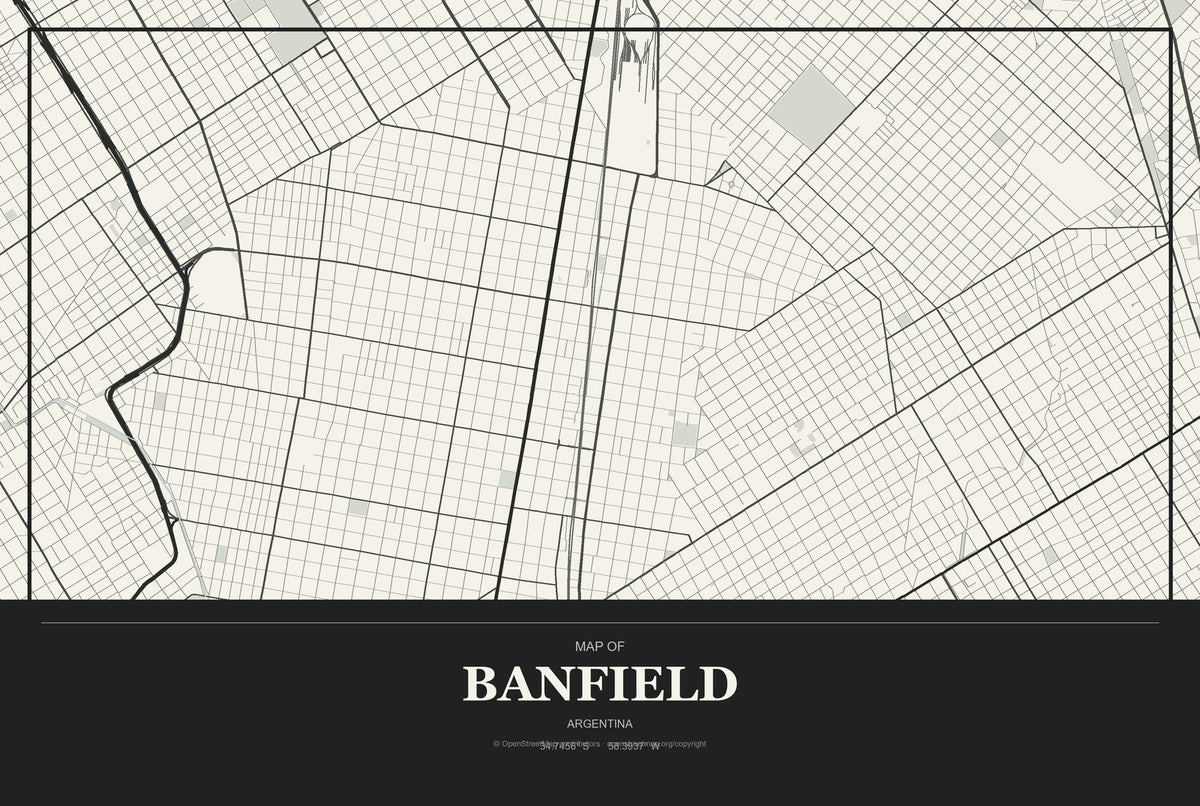 Banfield, Argentina City Map Aluminum Sign in Museum Plaque style