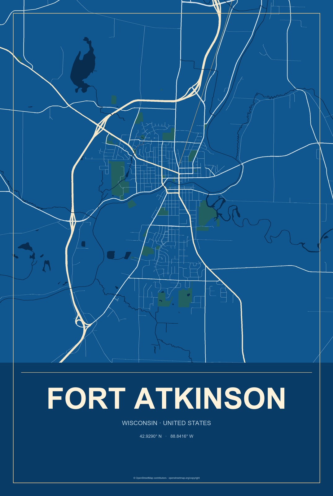 Fort Atkinson, Wisconsin City Map Aluminum Sign in Harbor Cobalt style