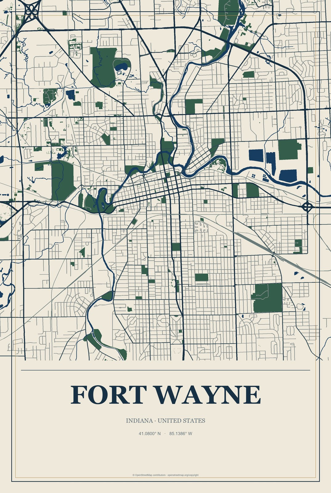 Fort Wayne, Indiana City Map Aluminum Sign in Coastal Cutout style