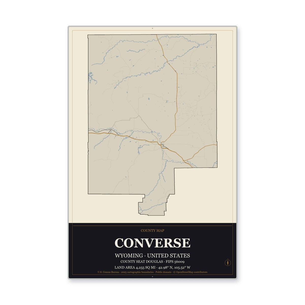 Converse County, Wyoming Map Aluminum Sign in Museum Plaque style