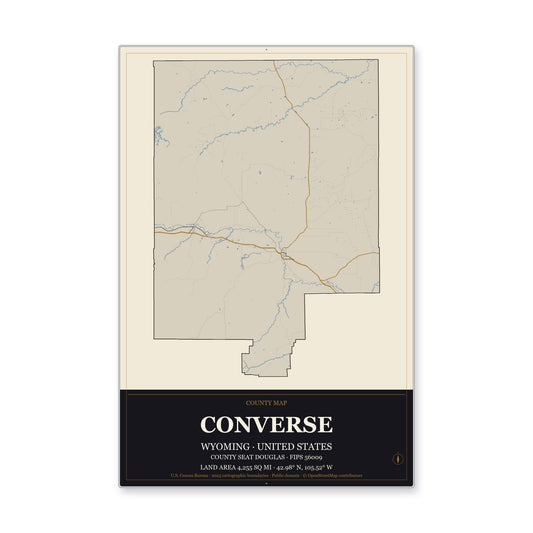 Converse County, Wyoming Map Aluminum Sign in Museum Plaque style