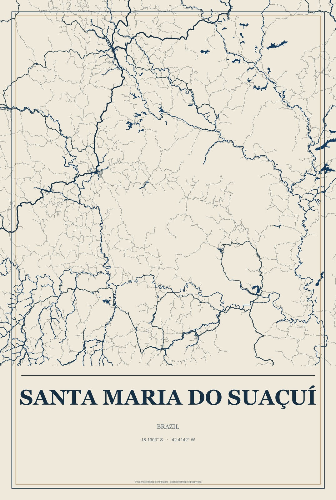 Santa Maria do Suaçuí, Brazil City Map Aluminum Sign in Coastal Cutout style