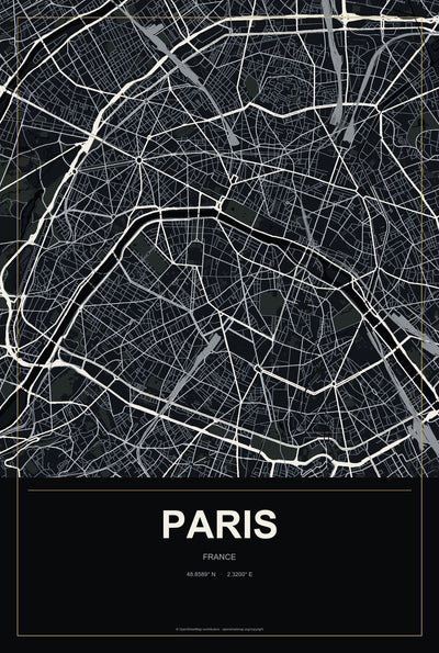 Paris, France City Map Aluminum Sign in Metropolitan Noir style