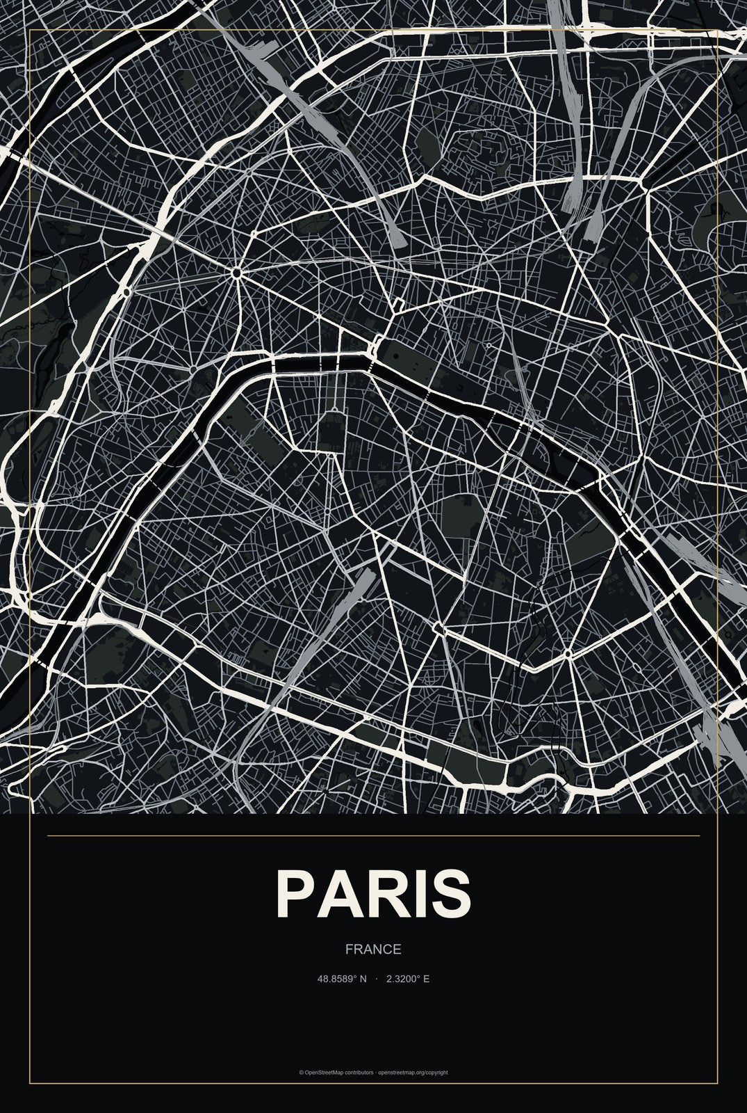 Paris, France City Map Aluminum Sign in Metropolitan Noir style