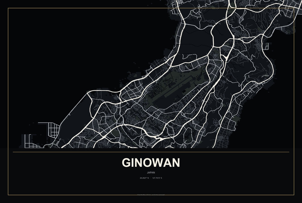 Ginowan, Japan City Map Aluminum Sign in Metropolitan Noir style