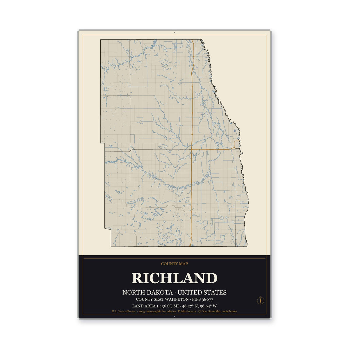 Richland County, North Dakota Map Aluminum Sign in Museum Plaque style