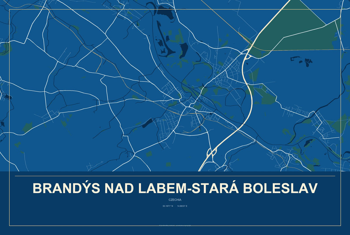 Brandýs nad Labem-Stará Boleslav, Czechia City Map Aluminum Sign in Harbor Cobalt style