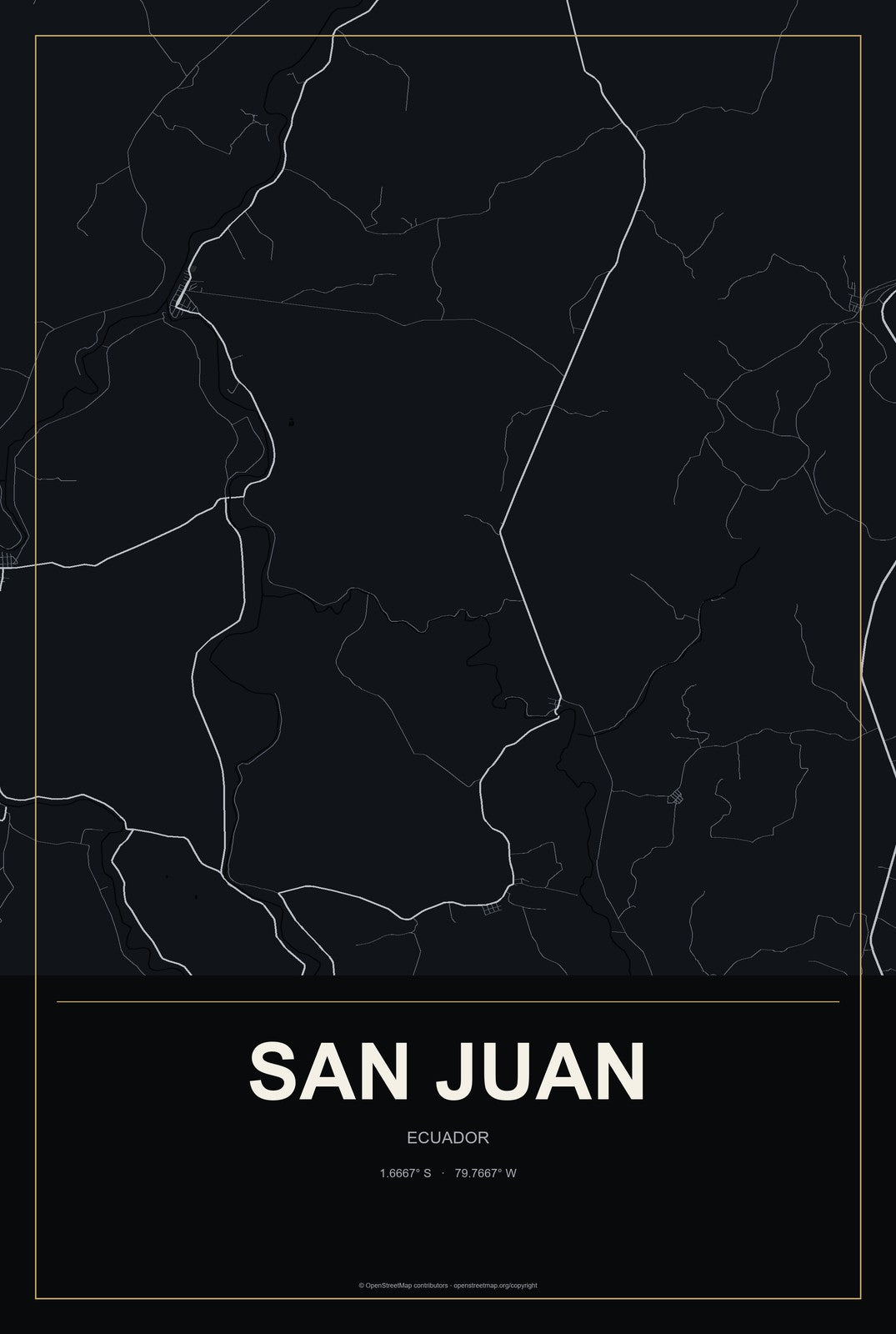 San Juan, Ecuador City Map Aluminum Sign in Metropolitan Noir style