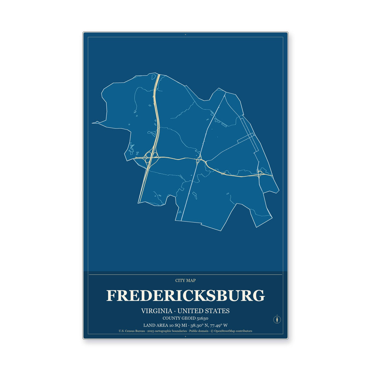 Fredericksburg city, Virginia Map Aluminum Sign in Harbor Cobalt style