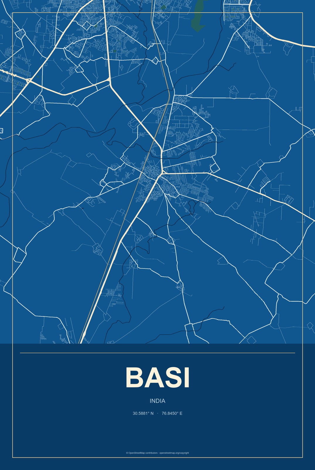 Basi, Punjab, India City Map Aluminum Sign in Harbor Cobalt style