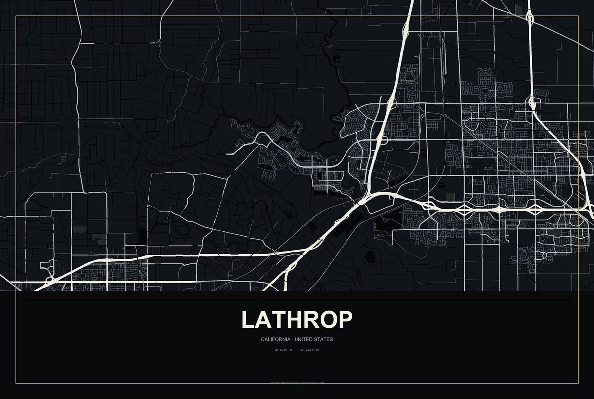 Lathrop, California City Map Aluminum Sign in Metropolitan Noir style