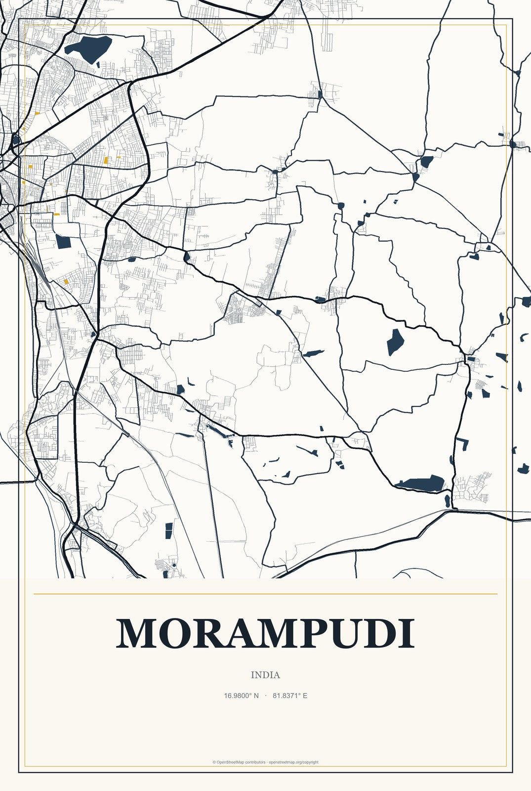 Morampudi, India City Map Aluminum Sign in Citrine Modern style