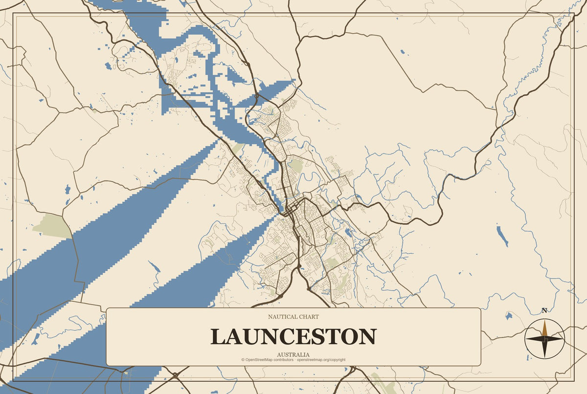 Launceston, Australia City Map Aluminum Sign in Heritage Nautical style