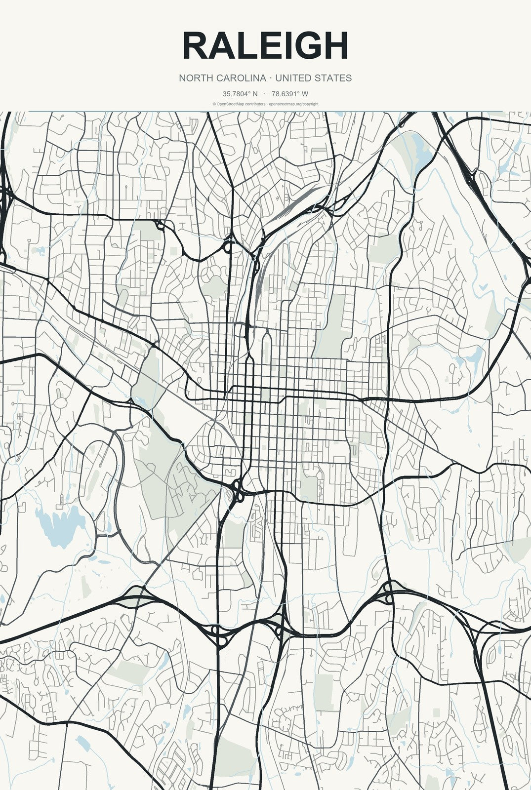 Raleigh, North Carolina City Map Aluminum Sign in Headline Atlas style