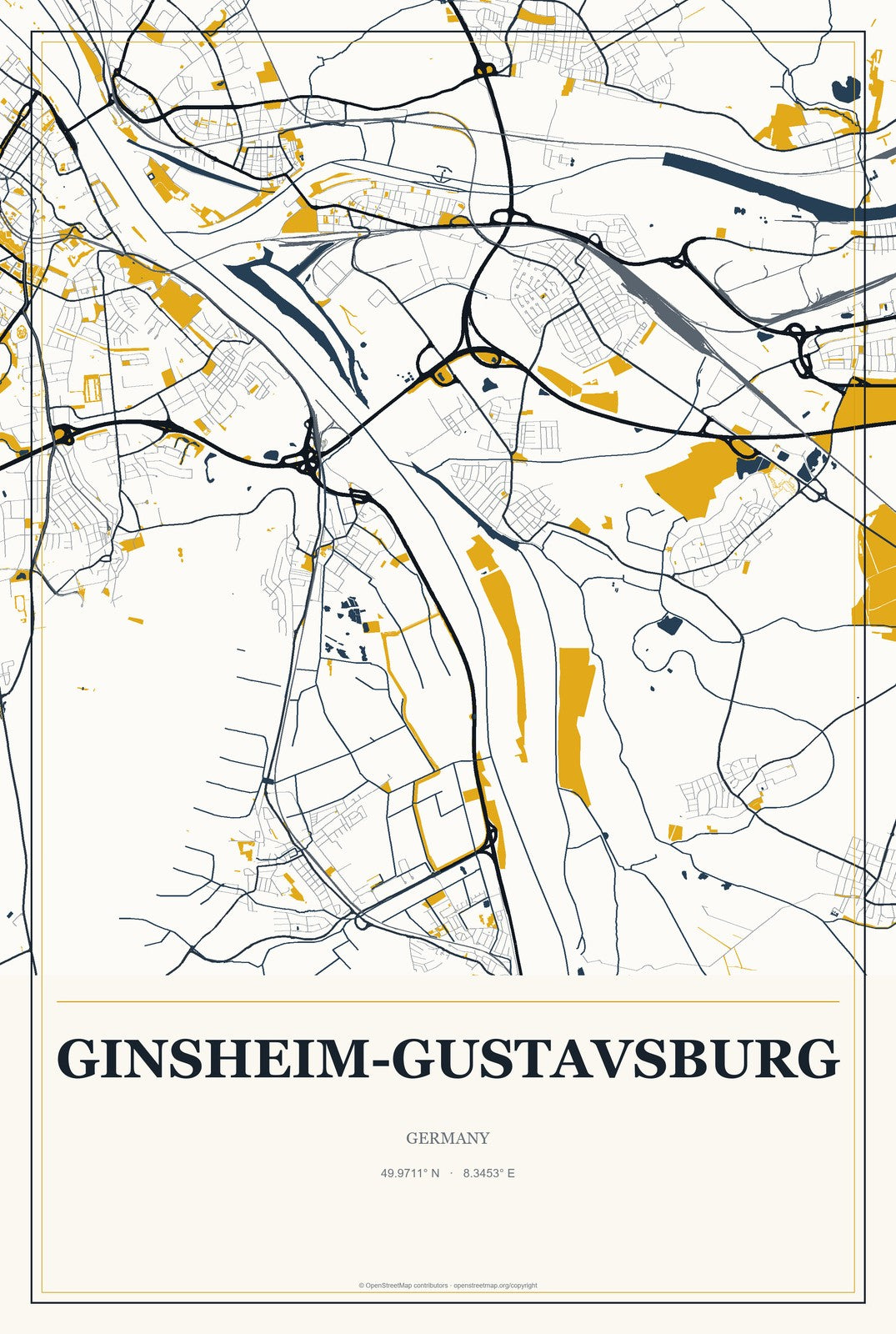 Ginsheim-Gustavsburg, Germany City Map Aluminum Sign in Citrine Modern style