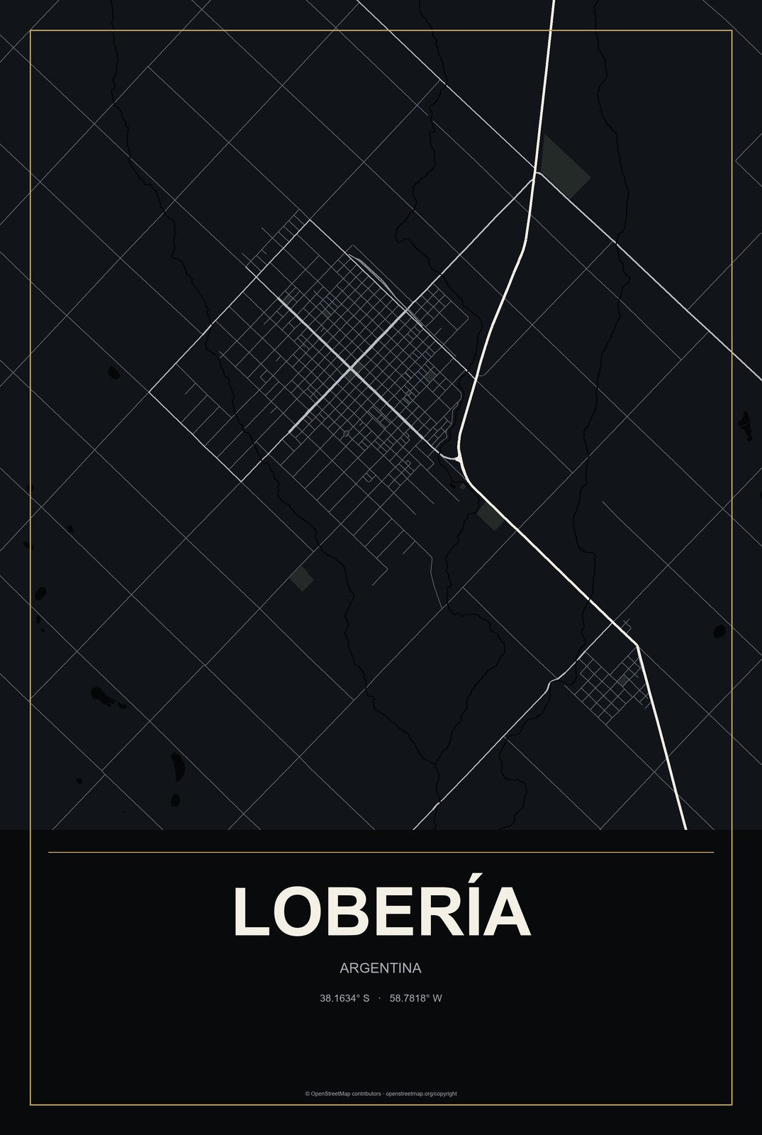 Lobería, Argentina City Map Aluminum Sign in Metropolitan Noir style