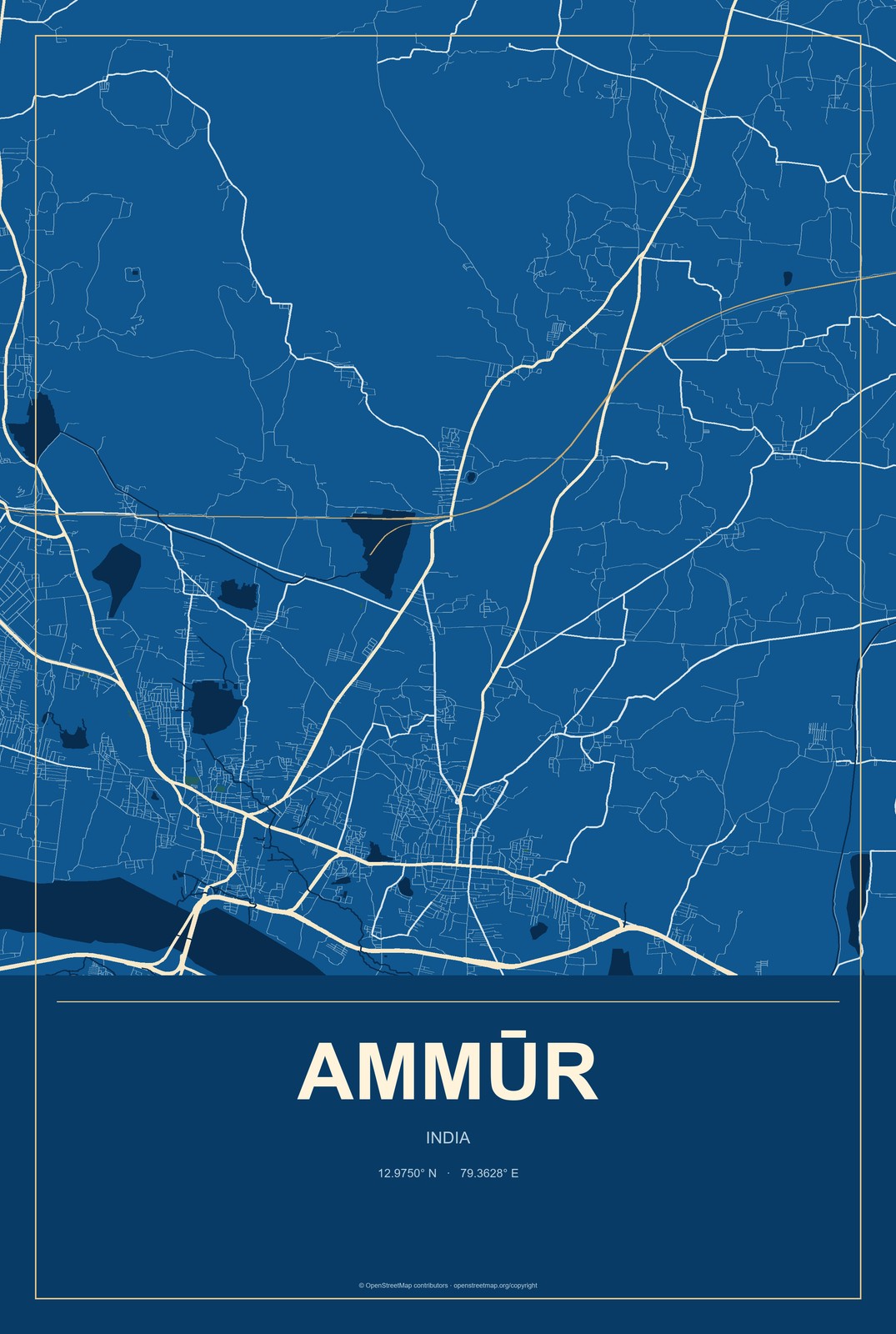 Ammūr, India City Map Aluminum Sign in Harbor Cobalt style