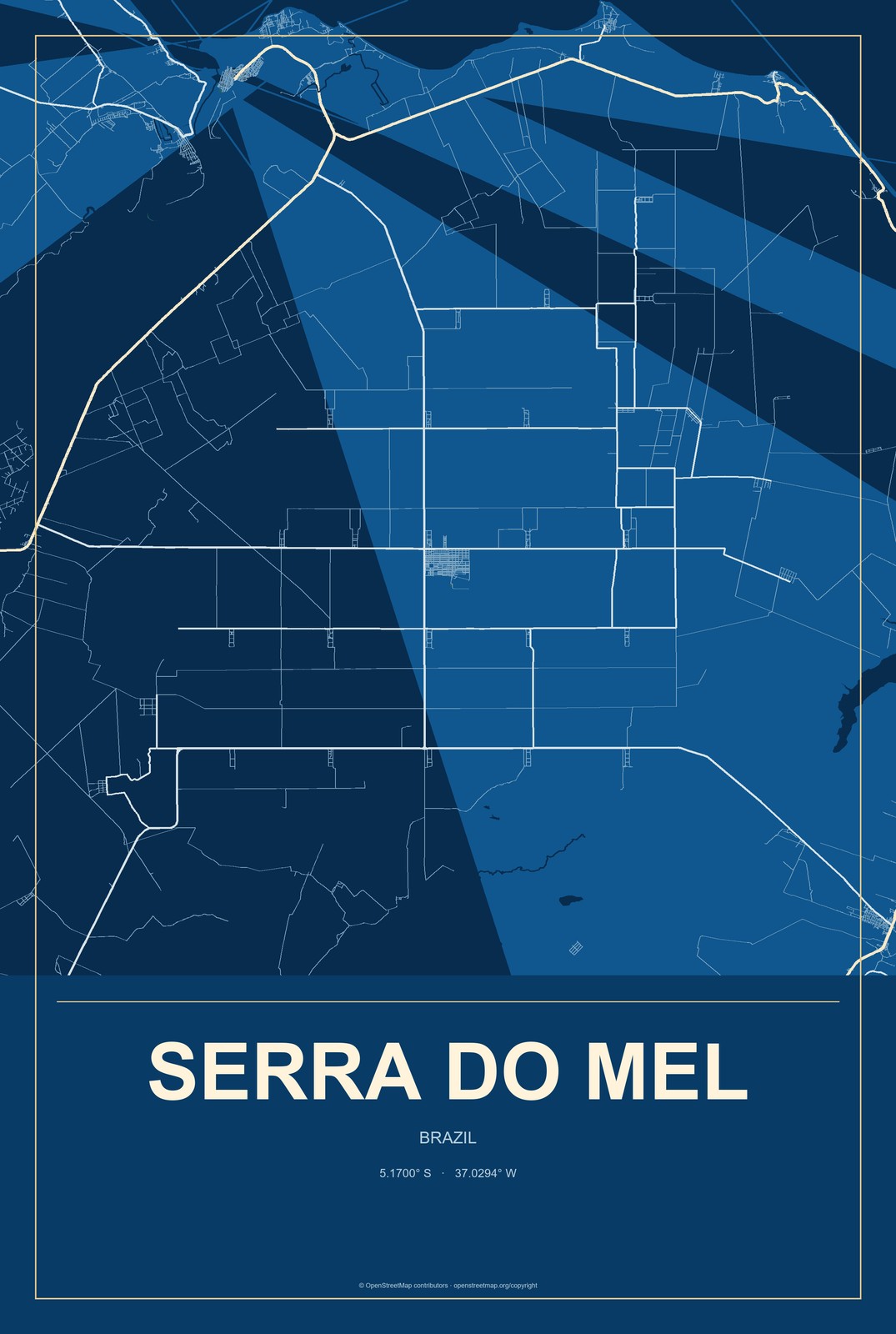 Serra do Mel, Brazil City Map Aluminum Sign in Harbor Cobalt style