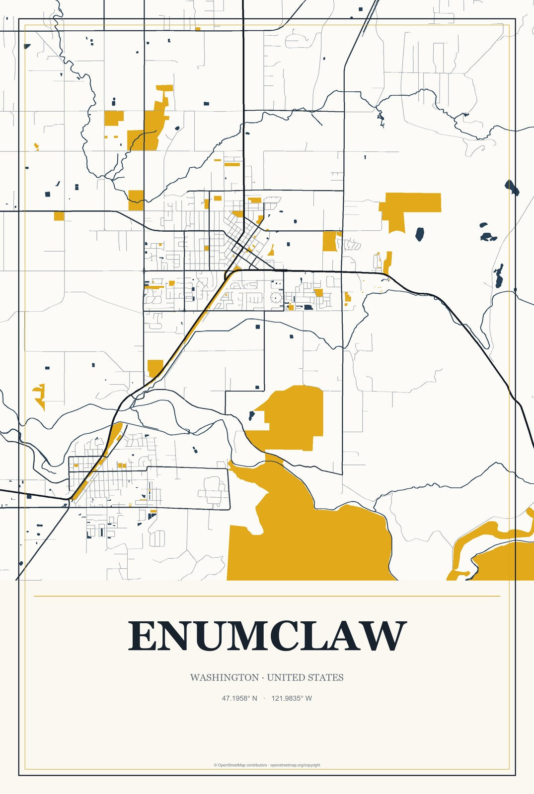 Enumclaw, Washington City Map Aluminum Sign in Citrine Modern style
