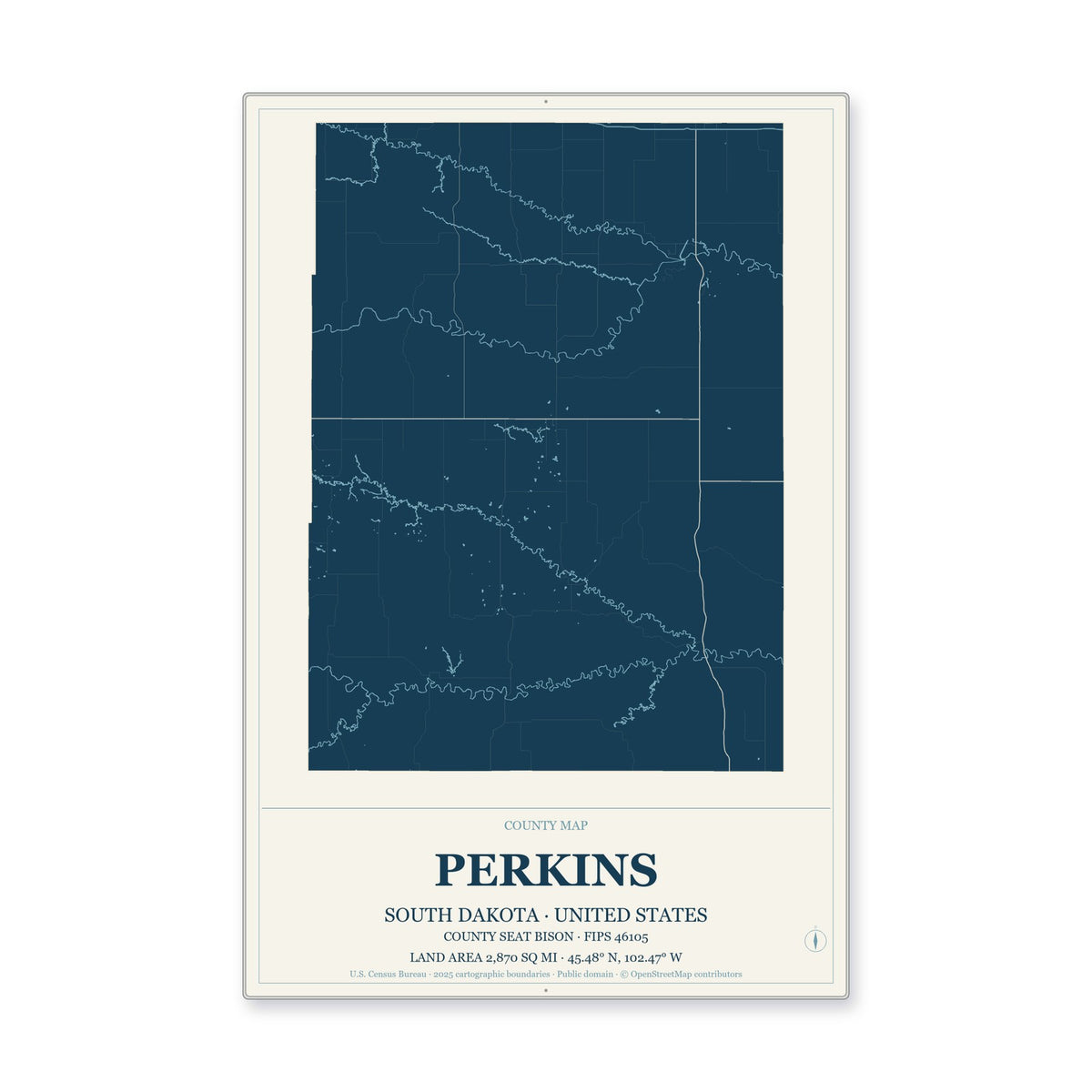 Perkins County, South Dakota Map Aluminum Sign in Coastal Cutout style