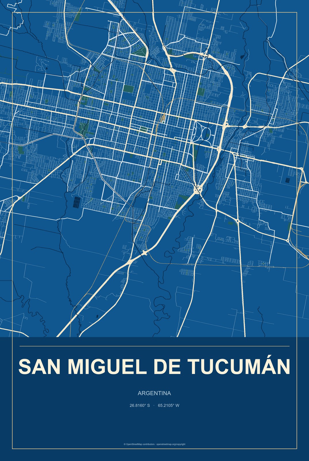 San Miguel de Tucumán, Argentina City Map Aluminum Sign in Harbor Cobalt style