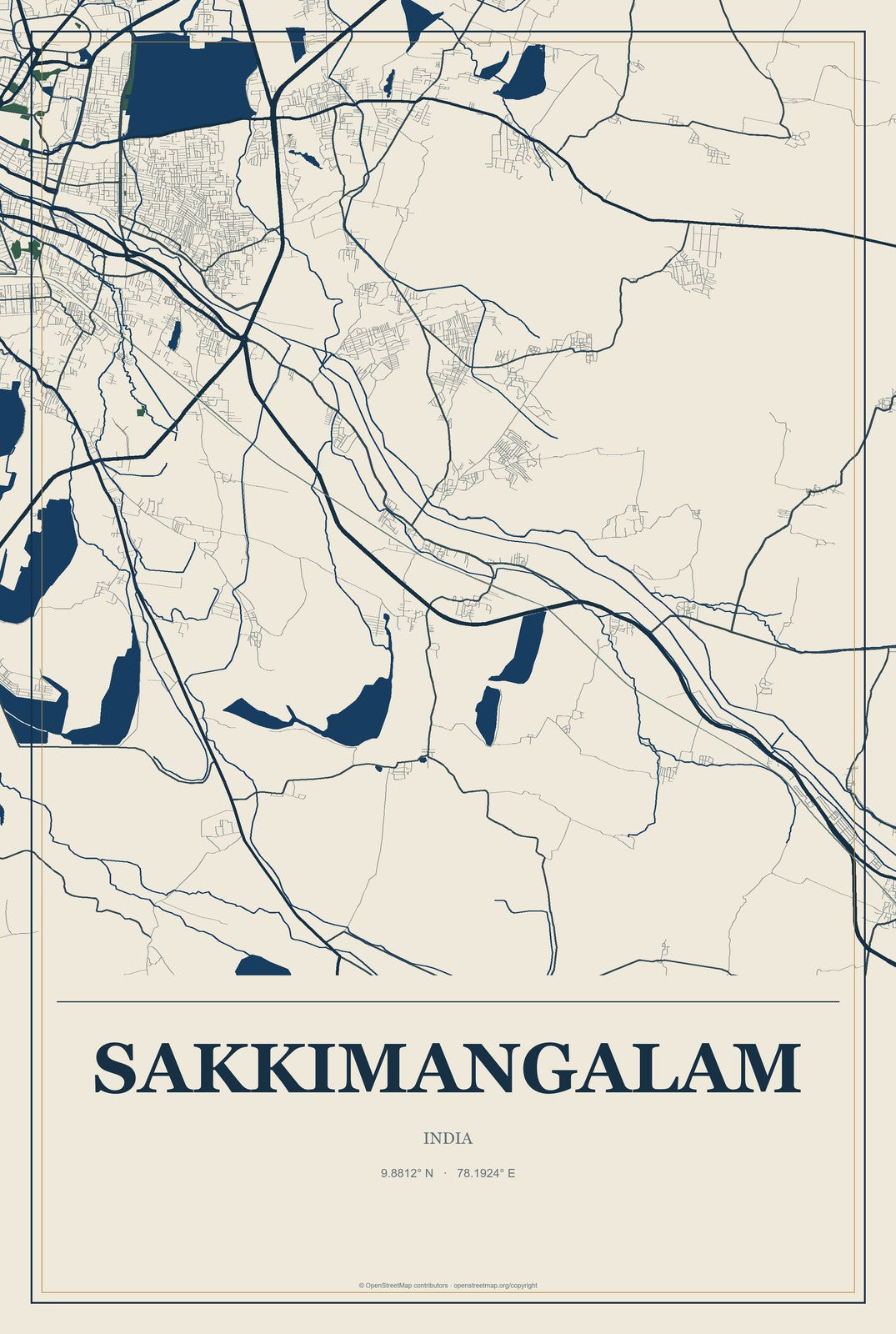 Sakkimangalam, India City Map Aluminum Sign in Coastal Cutout style