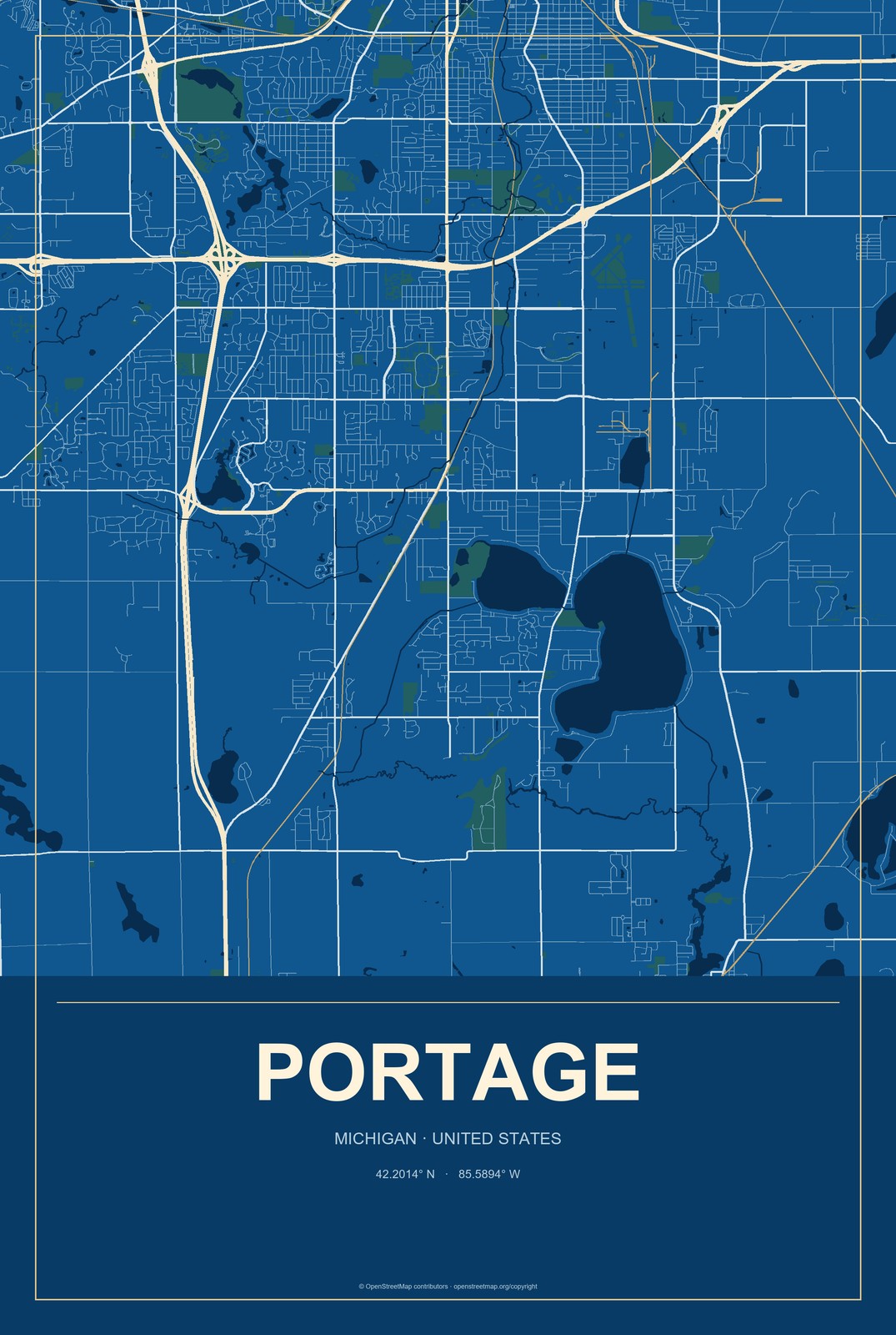 Portage, Michigan City Map Aluminum Sign in Harbor Cobalt style
