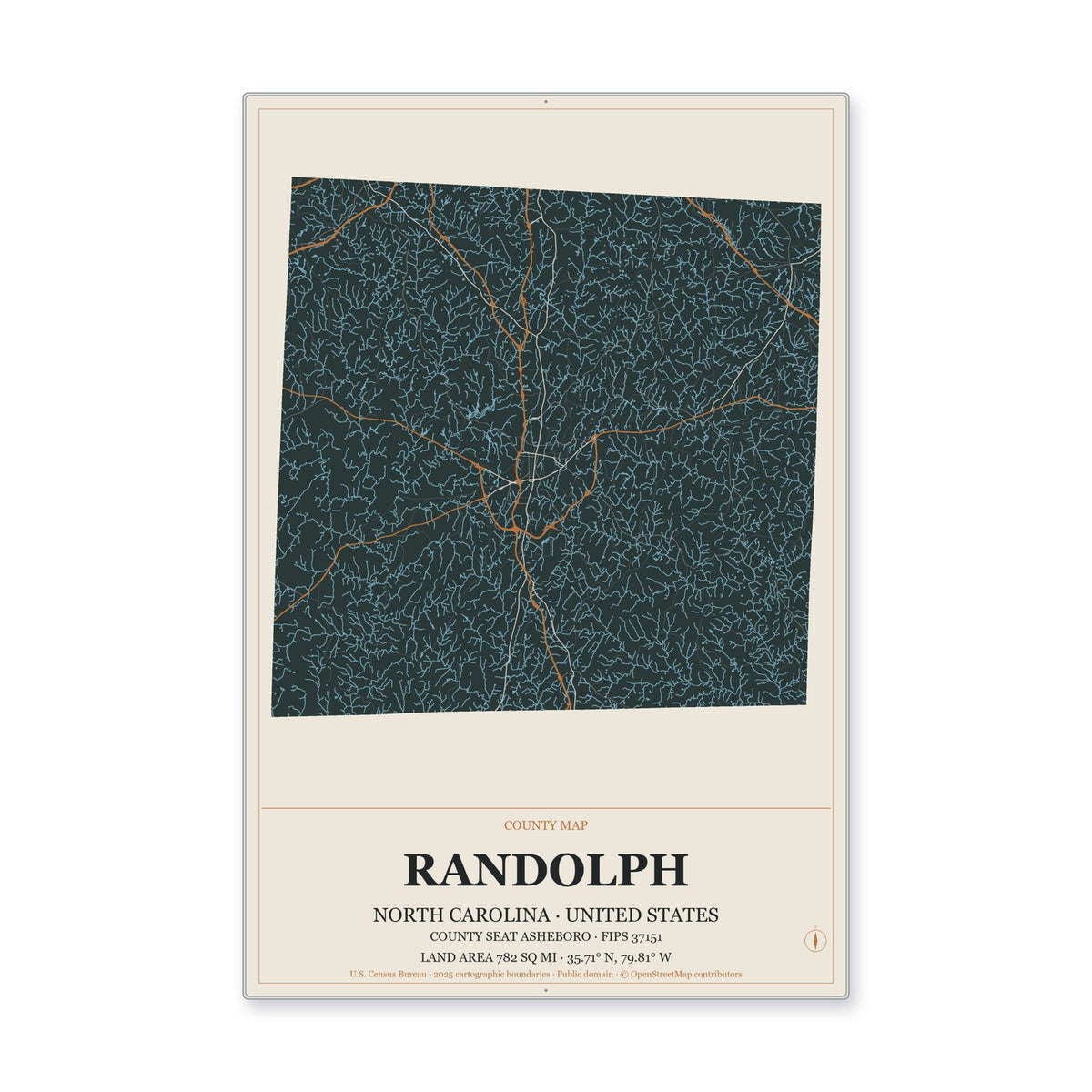 Randolph County, North Carolina Map Aluminum Sign in Headline Atlas style