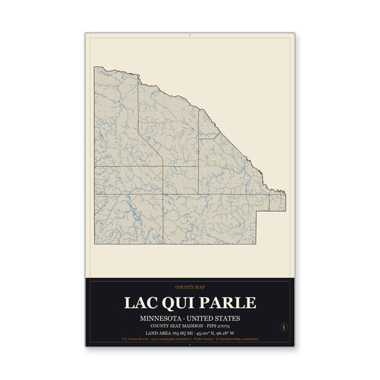 Lac qui Parle County, Minnesota Map Aluminum Sign in Museum Plaque style