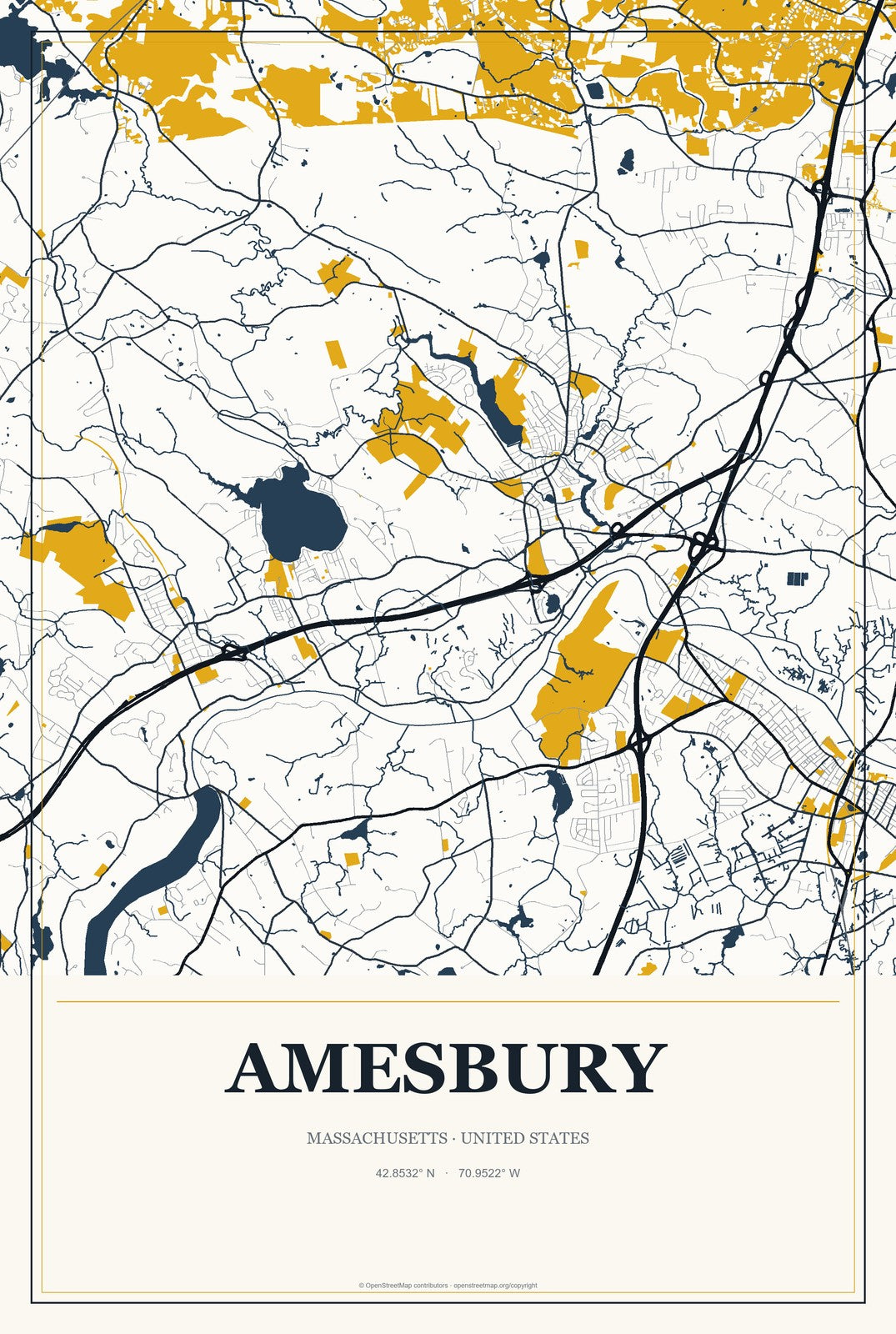 Amesbury, Massachusetts City Map Aluminum Sign in Citrine Modern style