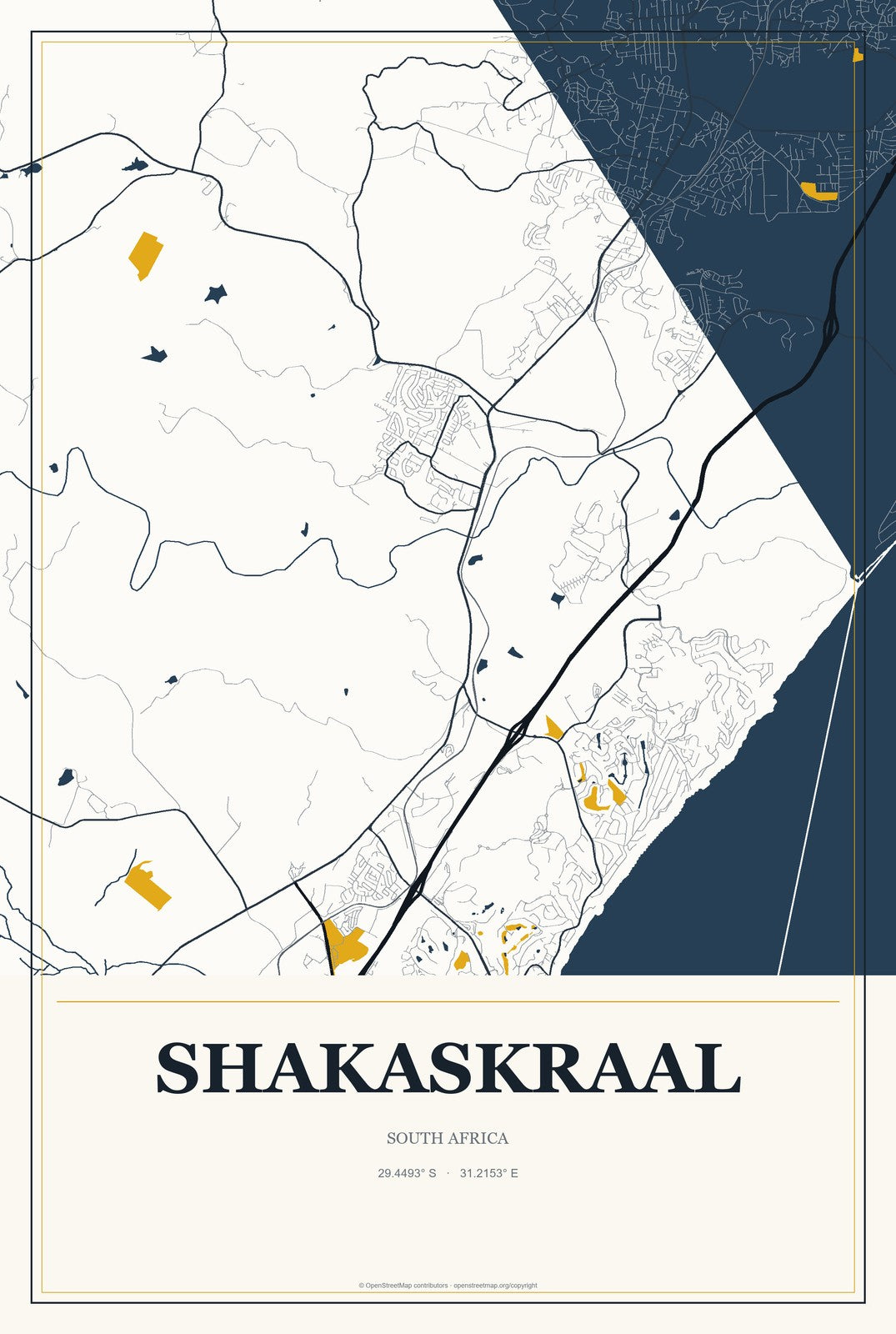 Shakaskraal, South Africa City Map Aluminum Sign in Citrine Modern style