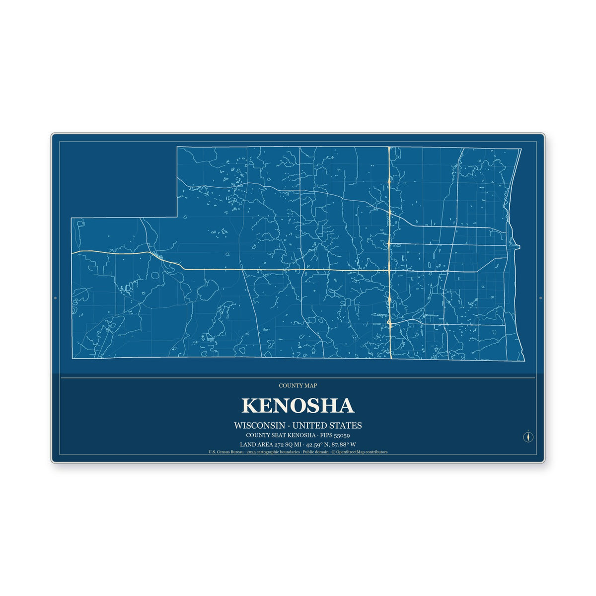 Kenosha County, Wisconsin Map Aluminum Sign in Harbor Cobalt style