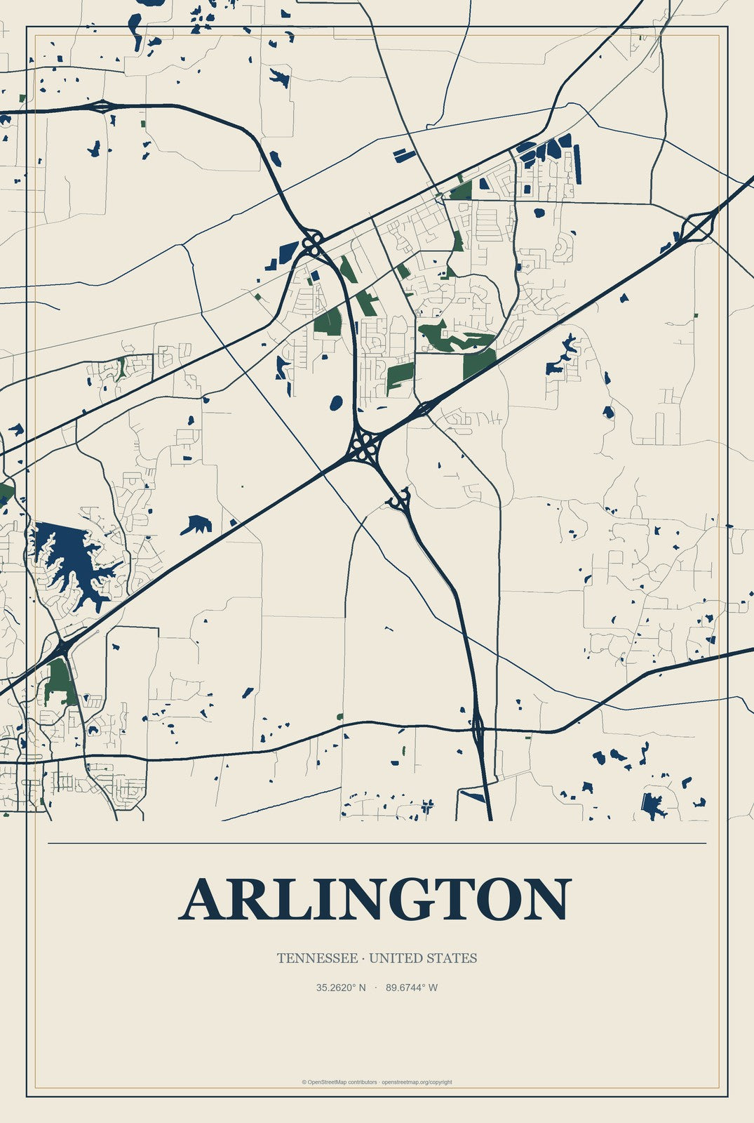 Arlington, Tennessee City Map Aluminum Sign in Coastal Cutout style