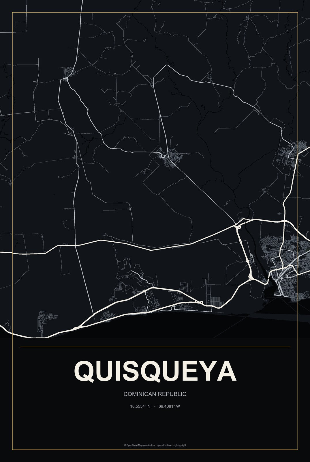 Quisqueya, Dominican Republic City Map Aluminum Sign in Metropolitan Noir style