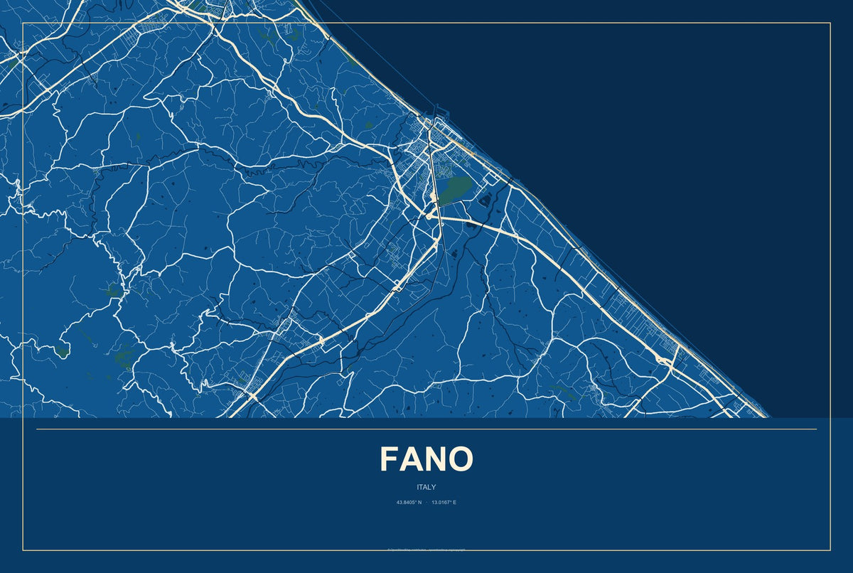 Fano, Italy City Map Aluminum Sign in Harbor Cobalt style