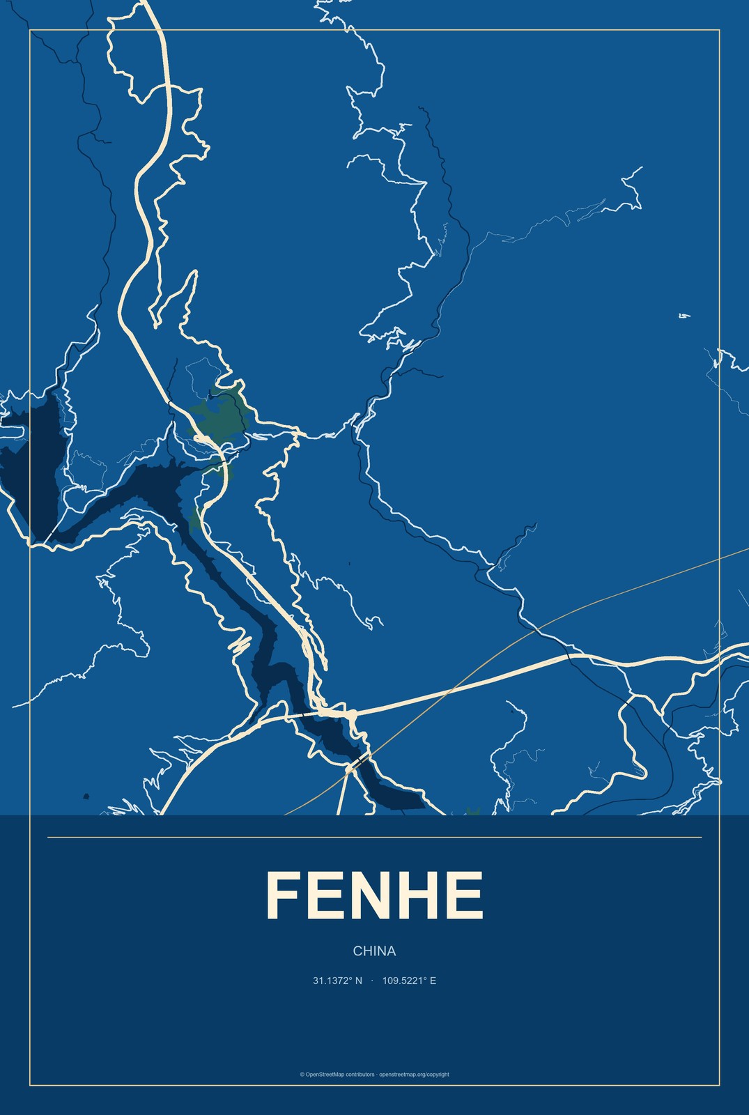 Fenhe, China City Map Aluminum Sign in Harbor Cobalt style