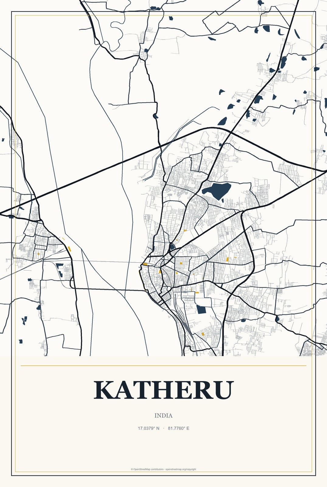 Katheru, India City Map Aluminum Sign in Citrine Modern style