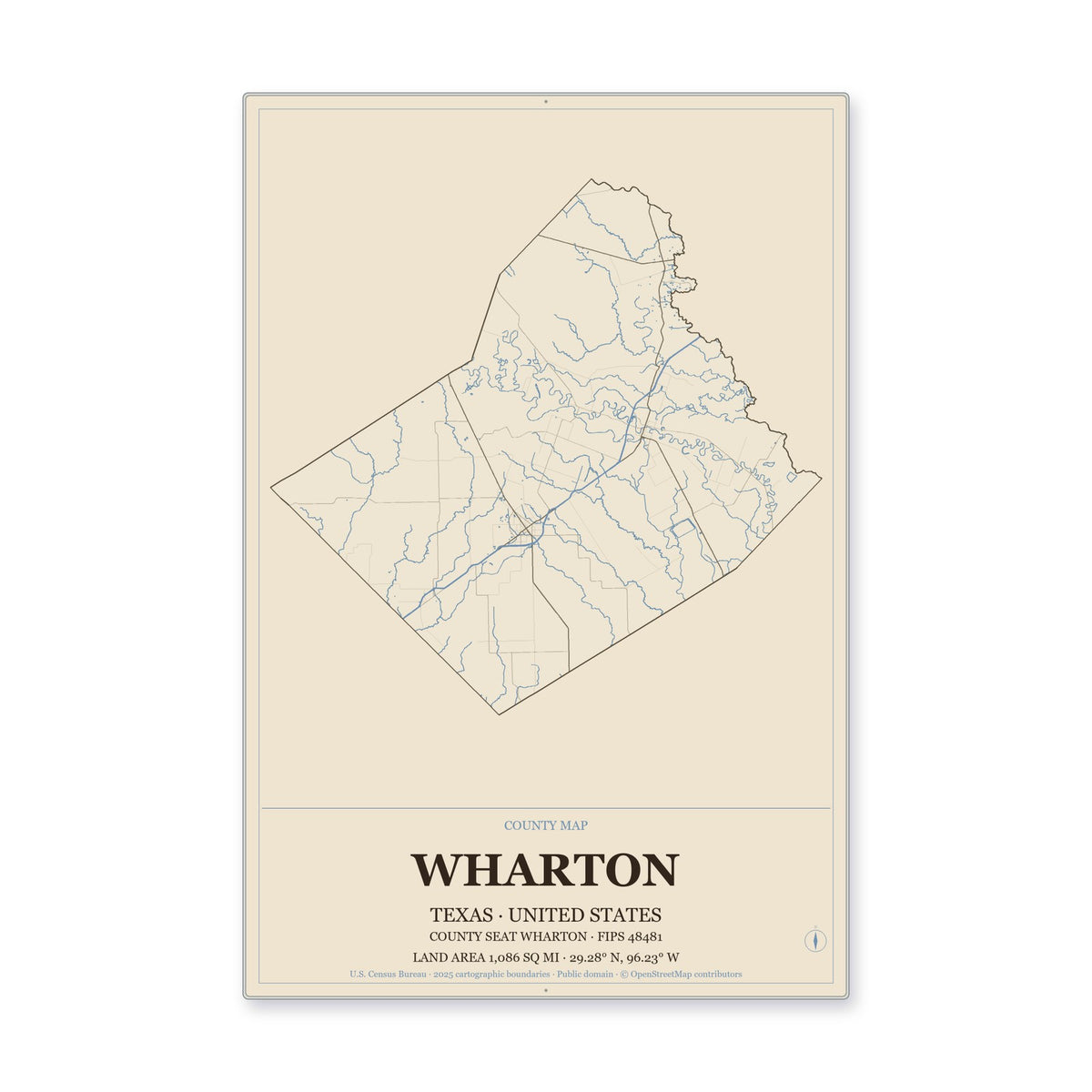 Wharton County, Texas Map Aluminum Sign in Heritage Nautical style