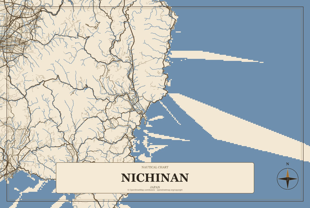 Nichinan, Japan City Map Aluminum Sign in Heritage Nautical style