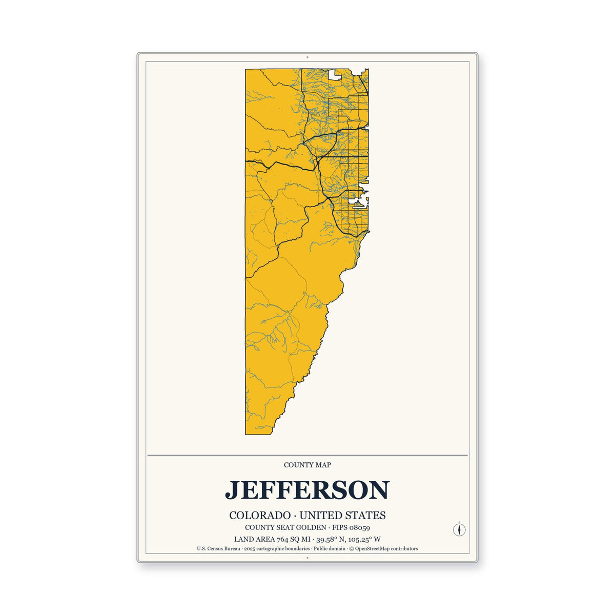 Jefferson County, Colorado Map Aluminum Sign in Citrine Modern style