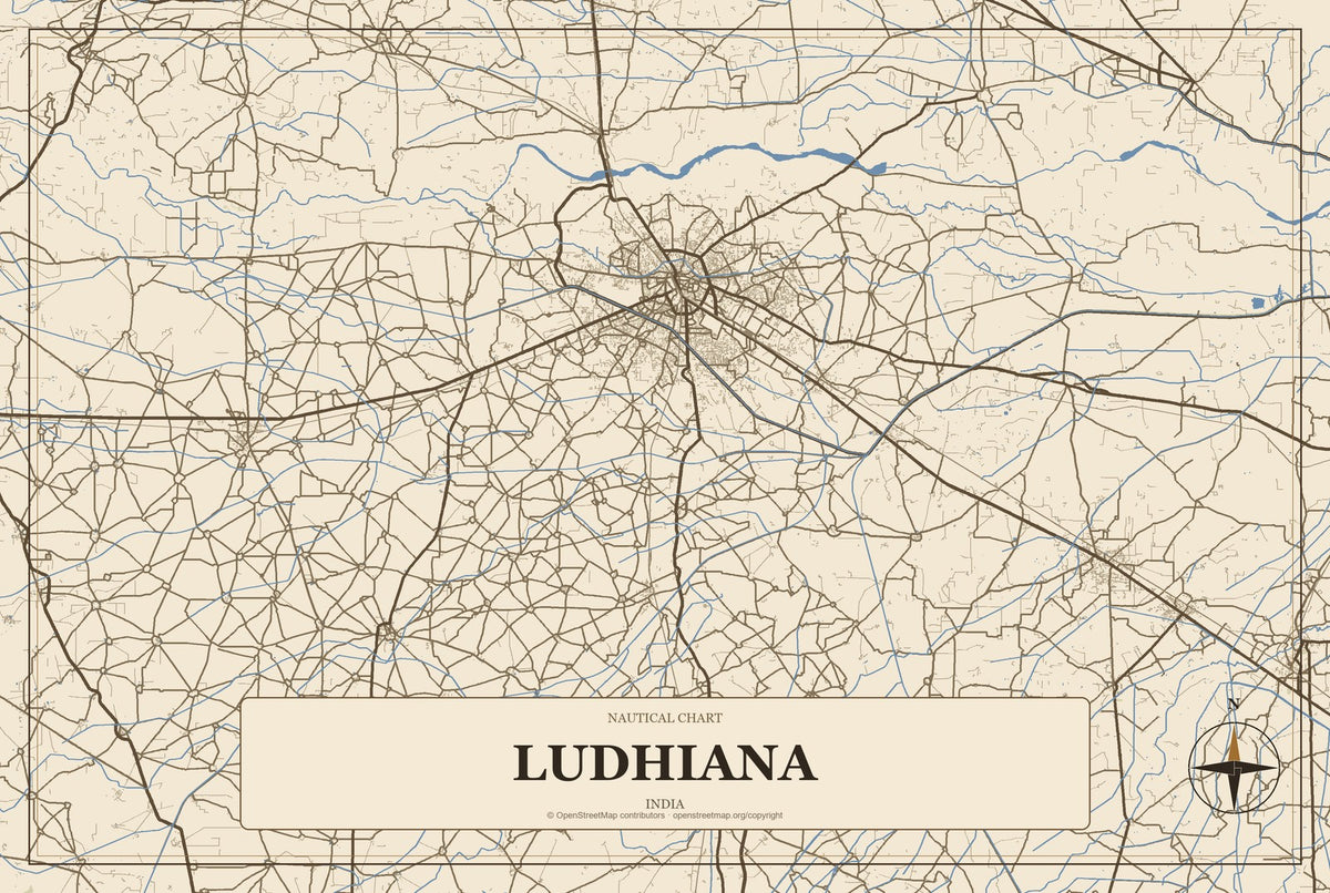 Ludhiana, India City Map Aluminum Sign in Heritage Nautical style