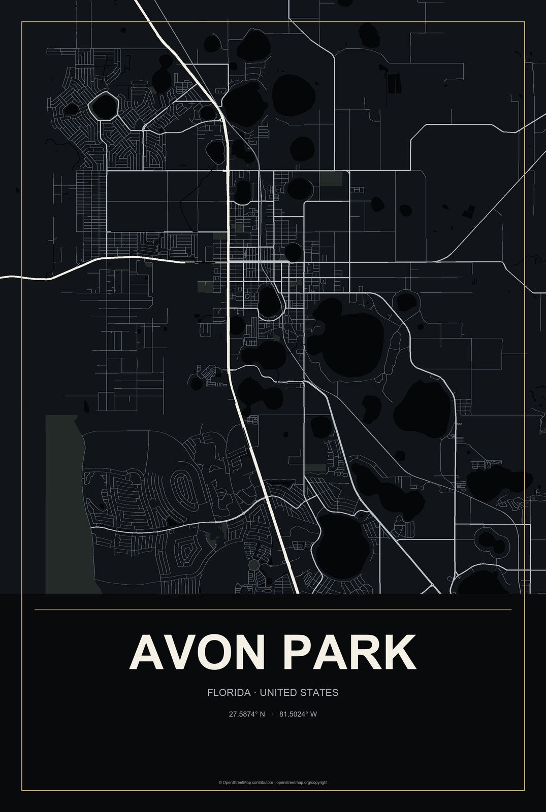 Avon Park, Florida City Map Aluminum Sign in Metropolitan Noir style
