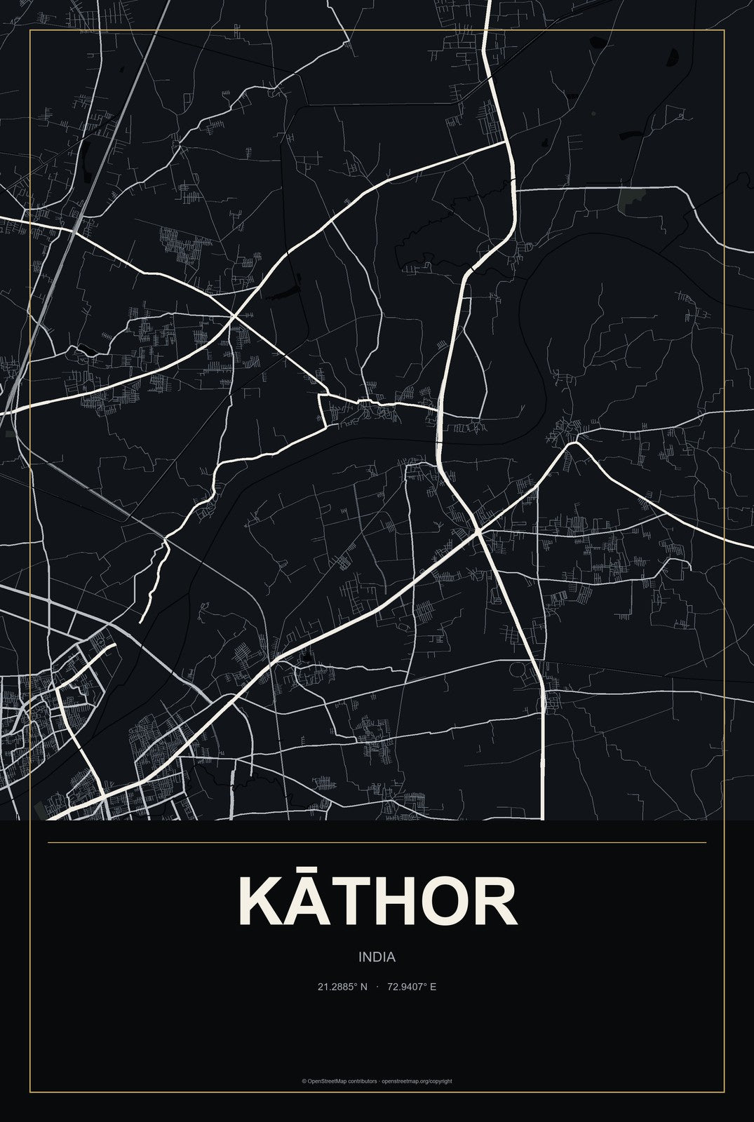 Kāthor, India City Map Aluminum Sign in Metropolitan Noir style