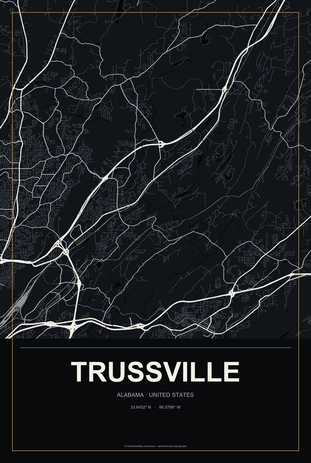 Trussville, Alabama City Map Aluminum Sign in Metropolitan Noir style