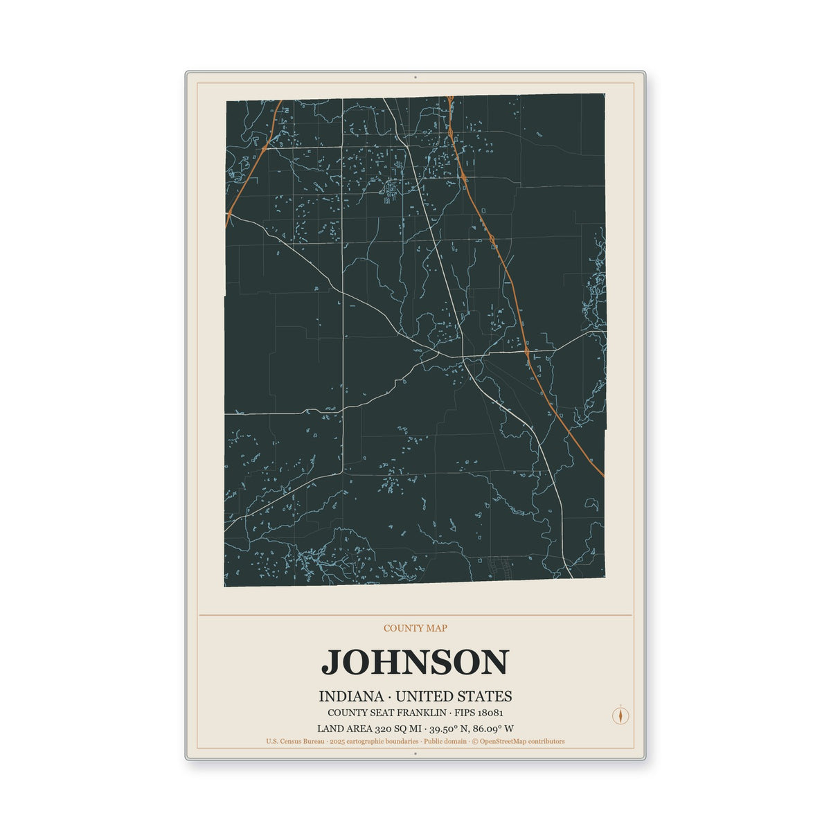 Johnson County, Indiana Map Aluminum Sign in Headline Atlas style