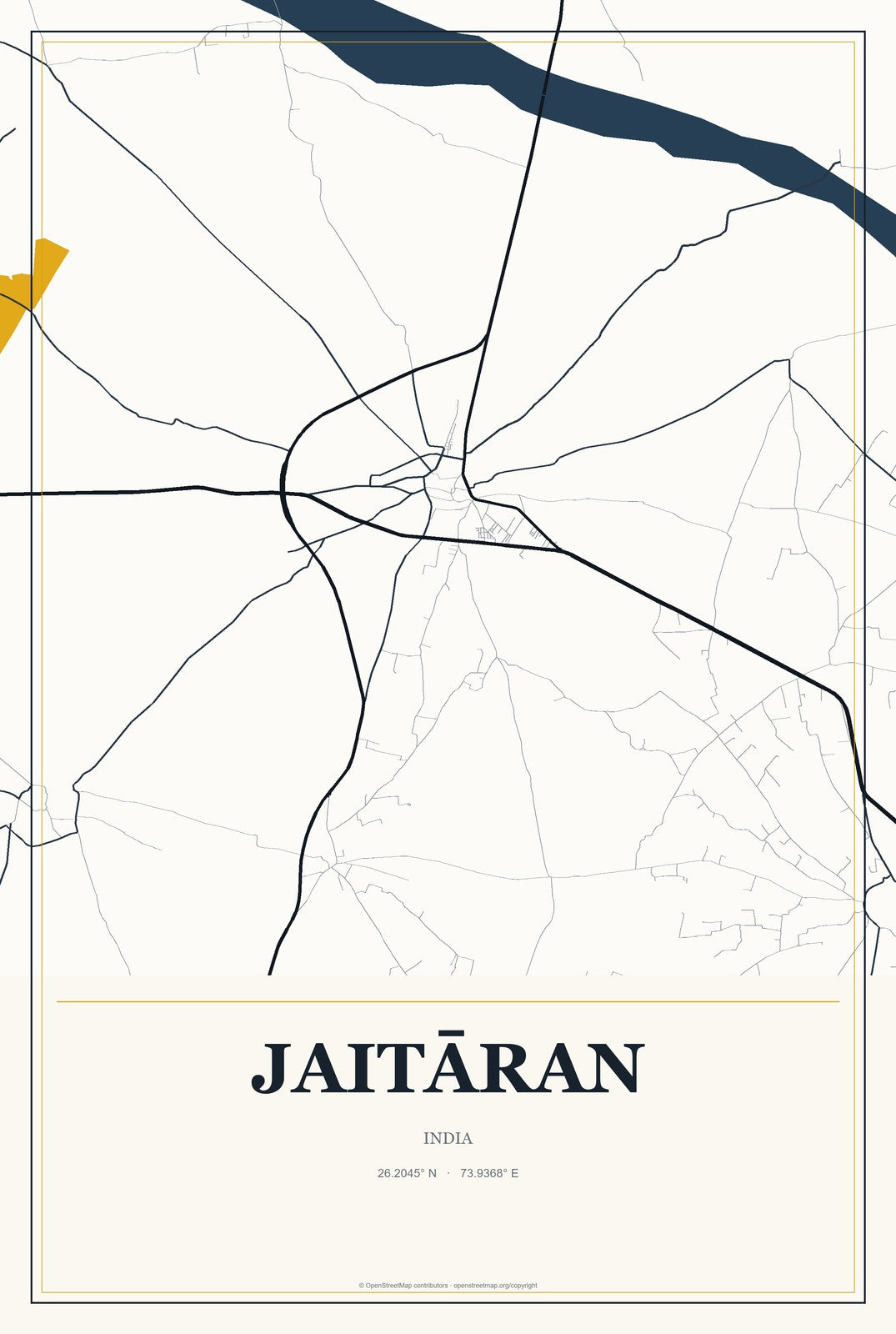 Jaitāran, India City Map Aluminum Sign in Citrine Modern style