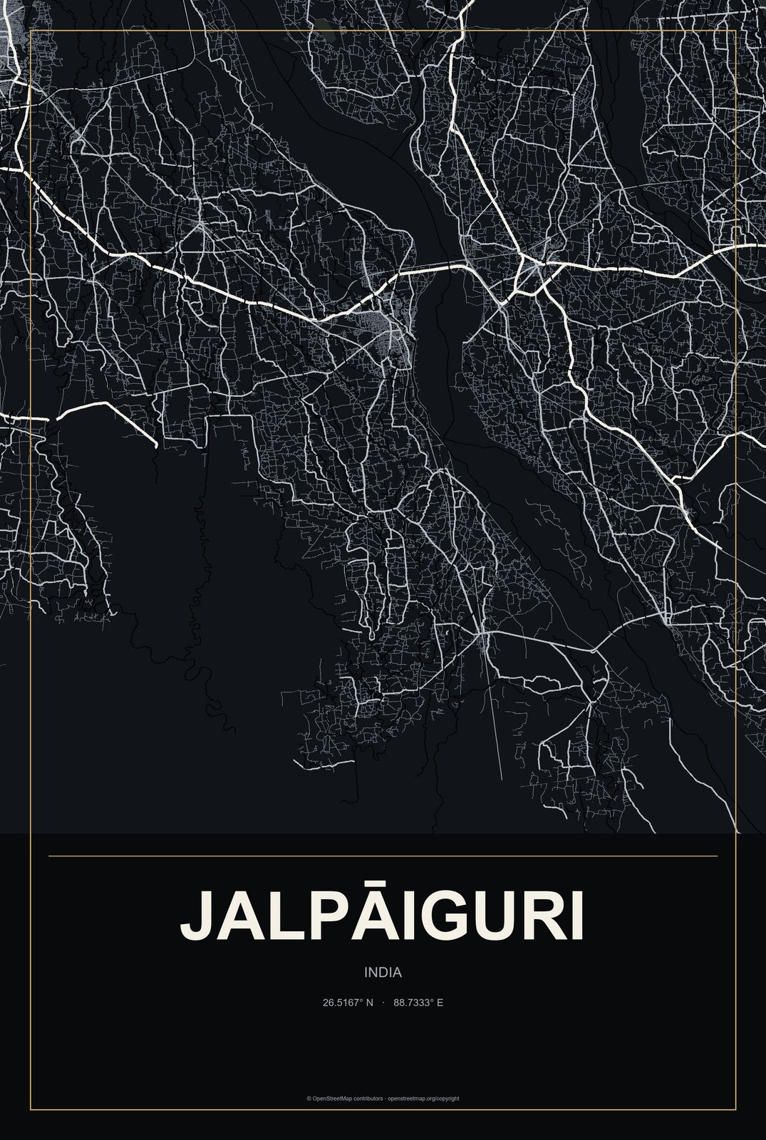 Jalpāiguri, India City Map Aluminum Sign in Metropolitan Noir style