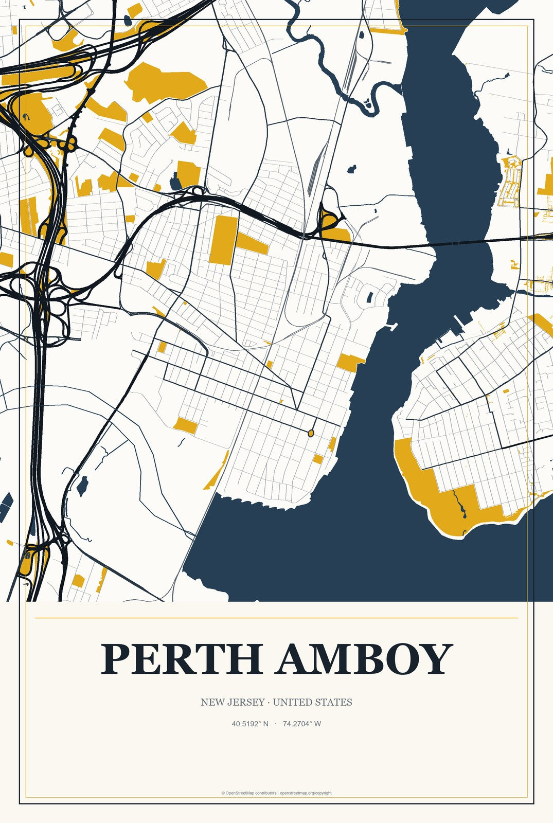 Perth Amboy, New Jersey City Map Aluminum Sign in Citrine Modern style